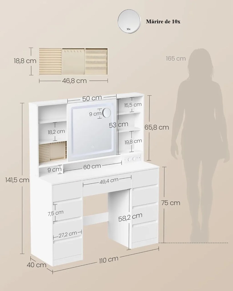 SEA822 - Set Masa toaleta 110 cm, 9 Sertare, Oglinda cu LED, Priza, USB si USB-C, masuta vanity, make-up cu Organizator Bijuterii - Alb