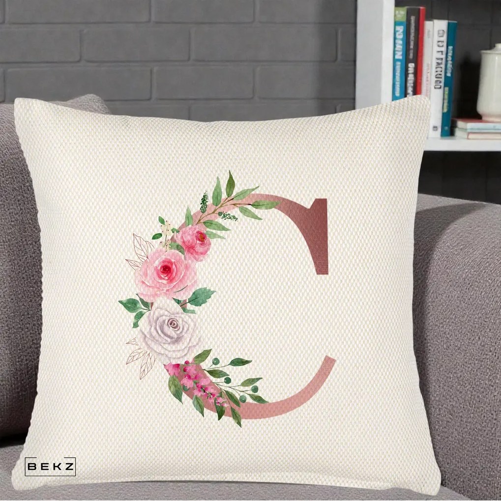 Cadou Personalizat - Perna Personalizata Monograma Rose Gold Litera C, 40x40 cm, Crem Reliefat, Husa Detasabila, Perna Inclusa, BEKZ®