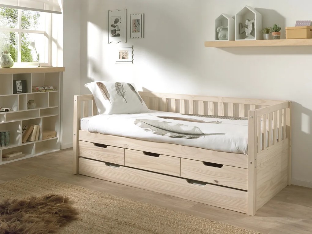 Set Pat Cabină Fritz 90x200 cm cu Sertare, pentru Copii, Pin Lăptos – Vipack