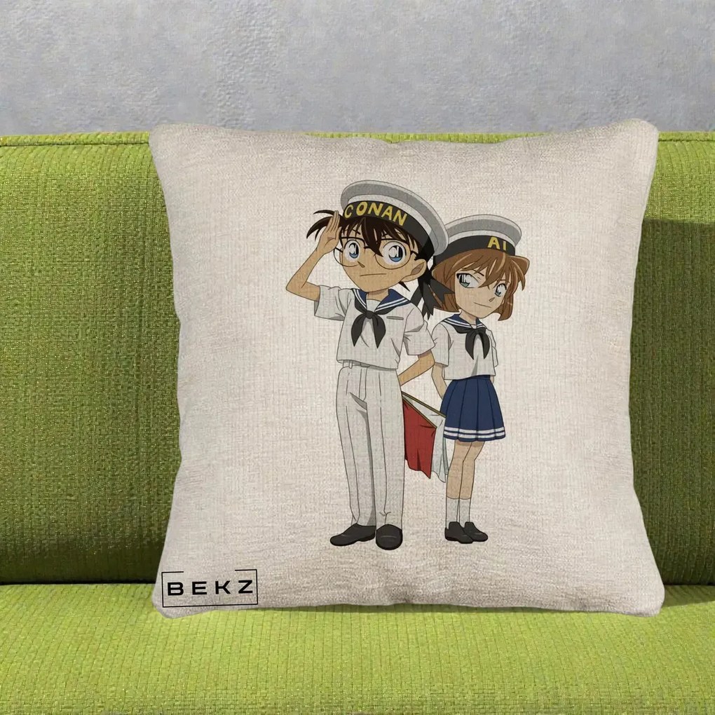 Perna Personalizata Detective Conan Conan si Ai Sailor, 40x40 cm, Bej Canapea, Husa Detasabila, Perna Inclusa, BEKZ®
