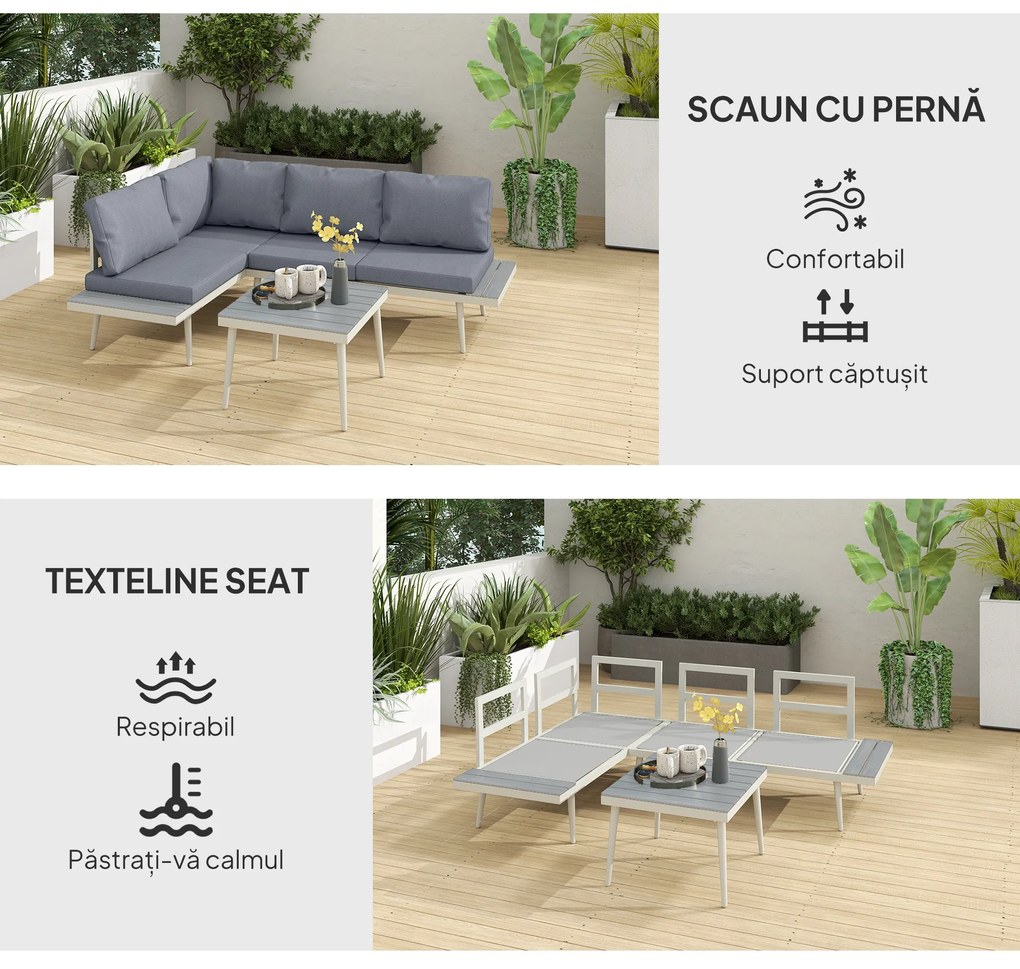 Outsunny Set Mobilier de Grădină din 3 Piese cu 2 Canapele cu Spătar Reglabil în 5 Poziții și Măsuță, 139x63x65 cm, Gri | Aosom Romania