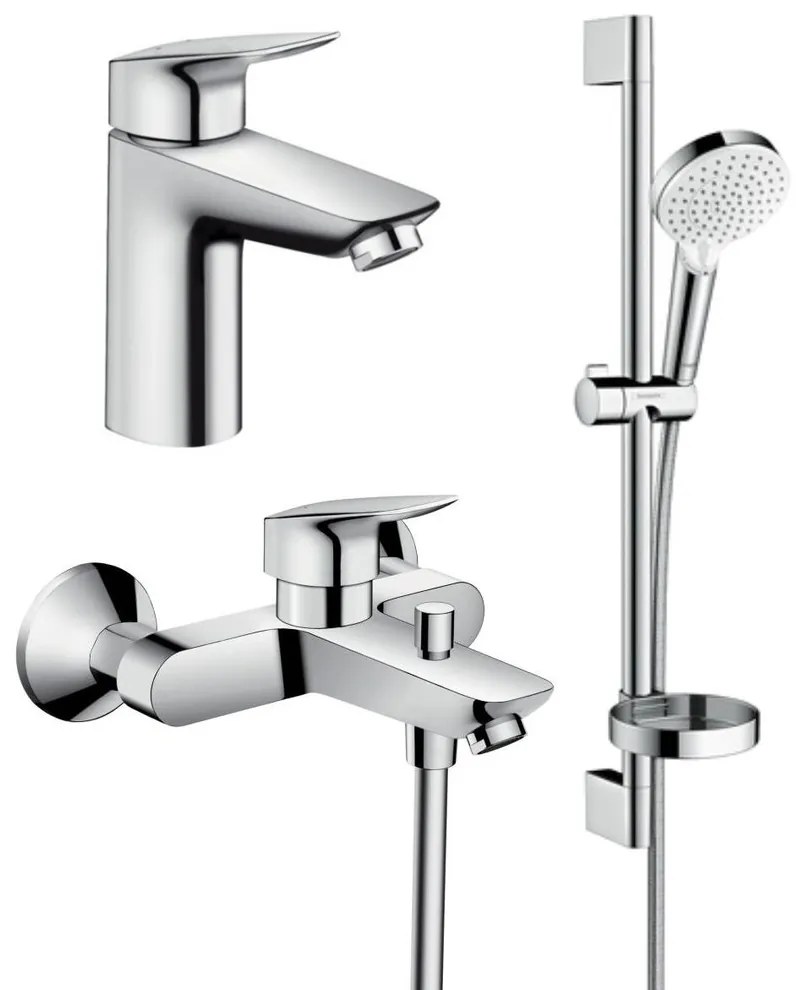 Set baterii Hansgrohe Logis 100 lavoar cada si set dus crom lucios