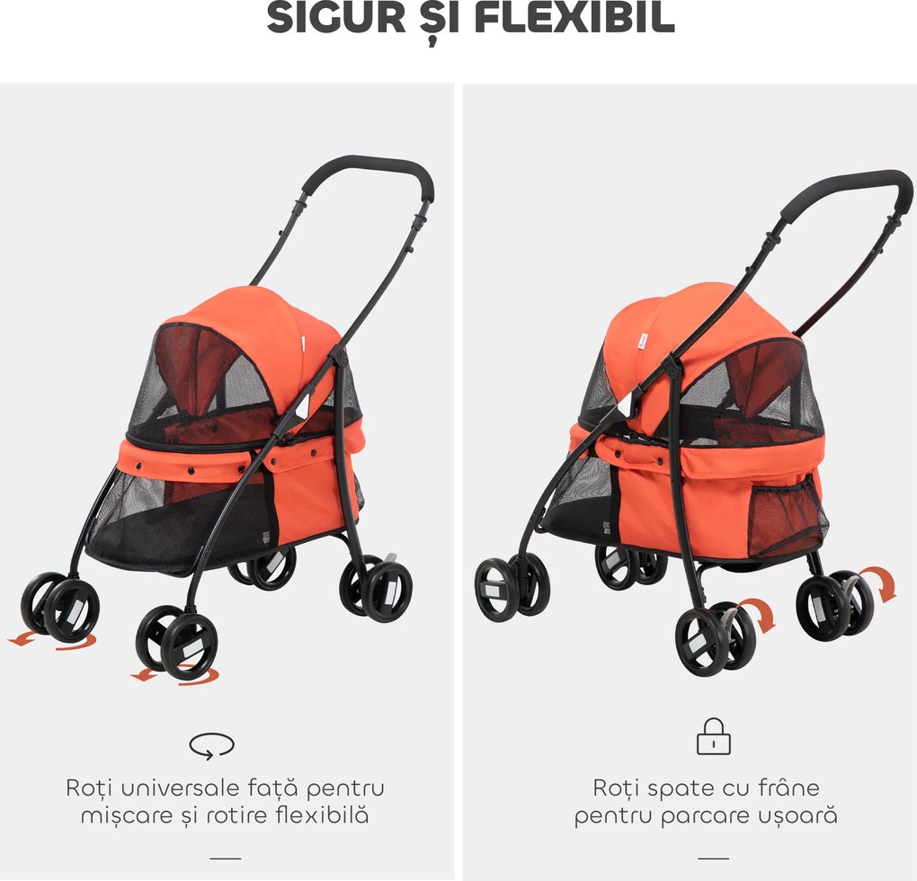 PawHut Cărucior Pliabil pentru Câini cu Acoperiș Reglabil, Geantă și 2 Lese, 82x47x97 cm, Roșu | Aosom Romania