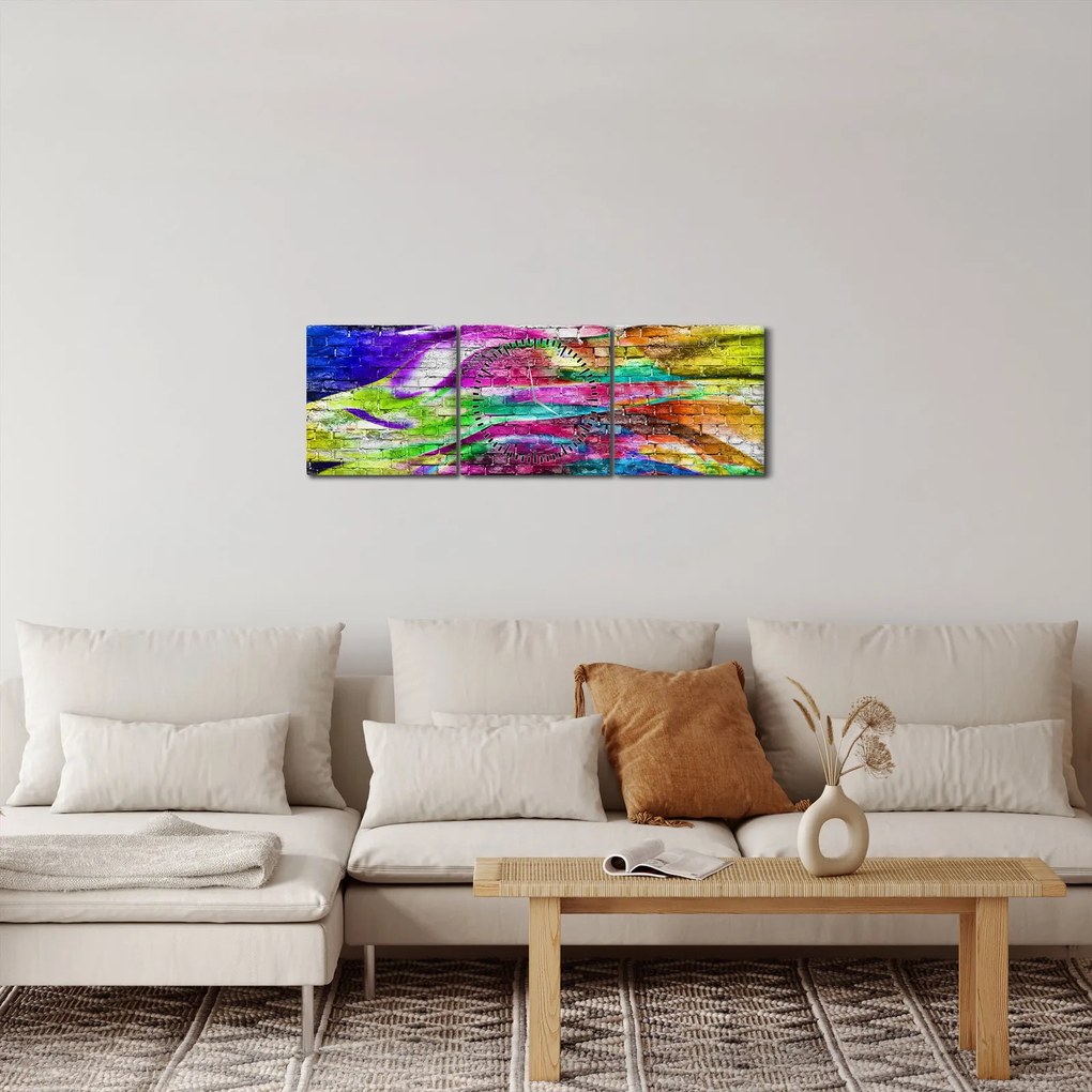 Tablou - Zid de cărămidă cu flăcări colorate (cu ceas) (90x30 cm)