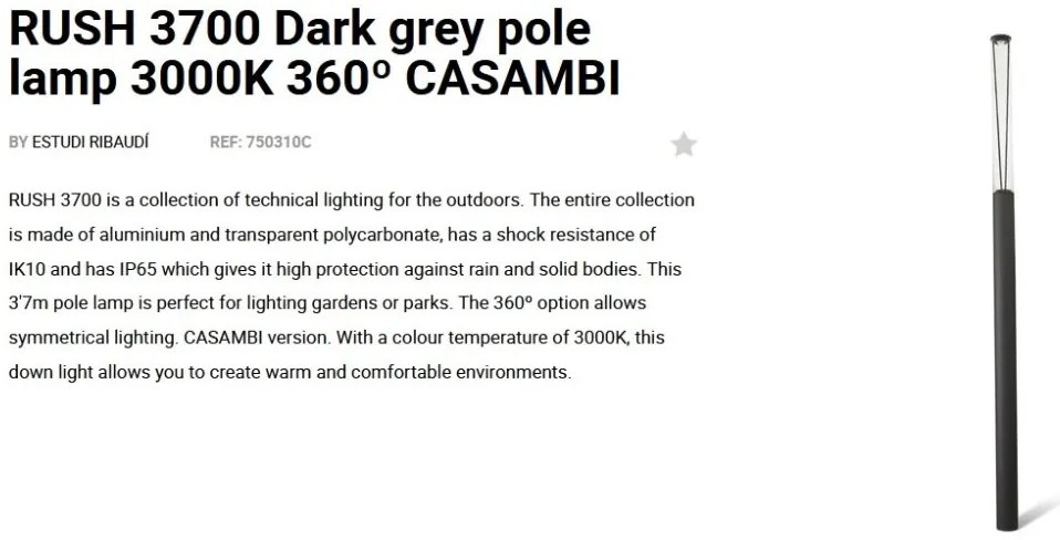 Stalp LED iluminat exterior simetric 360º IP65 RUSH 370cm 3000K CASAMBI