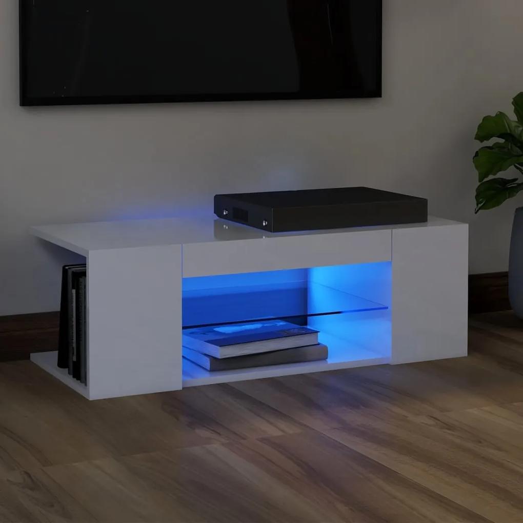 Comoda TV cu lumini LED, alb extralucios, 90x39x30 cm