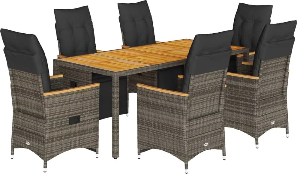 vidaXL Set bistro de grădină cu perne, 7 piese, gri, poliratan