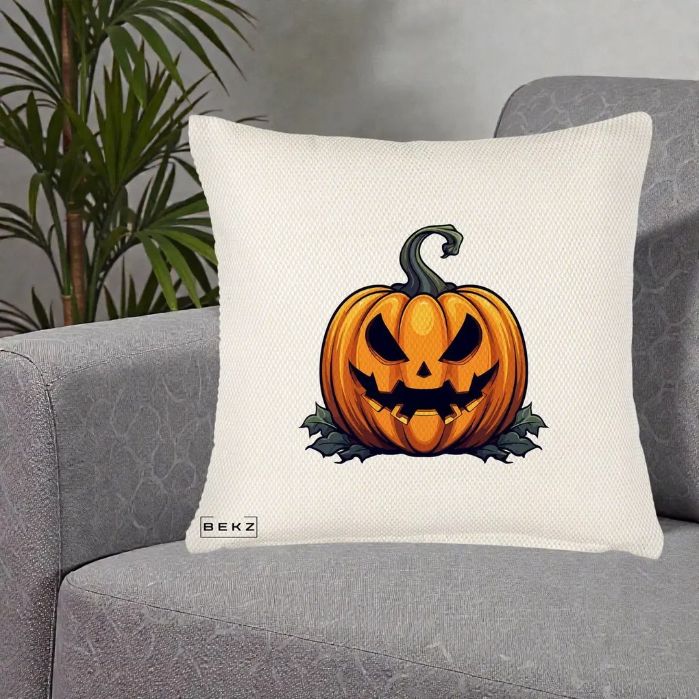 Perna Decorativa Halloween Jack-o'-Lantern Infricosator, 40x40 cm, Crem Reliefat, Husa Detasabila, Perna Inclusa, BEKZ®