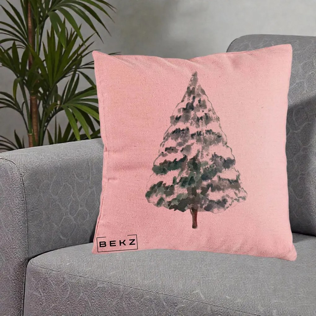 Perna Decorativa cu tematica de Craciun, Brad 2, 40x40 cm, Roz, Husa Detasabila, Perna Inclusa, BEKZ®