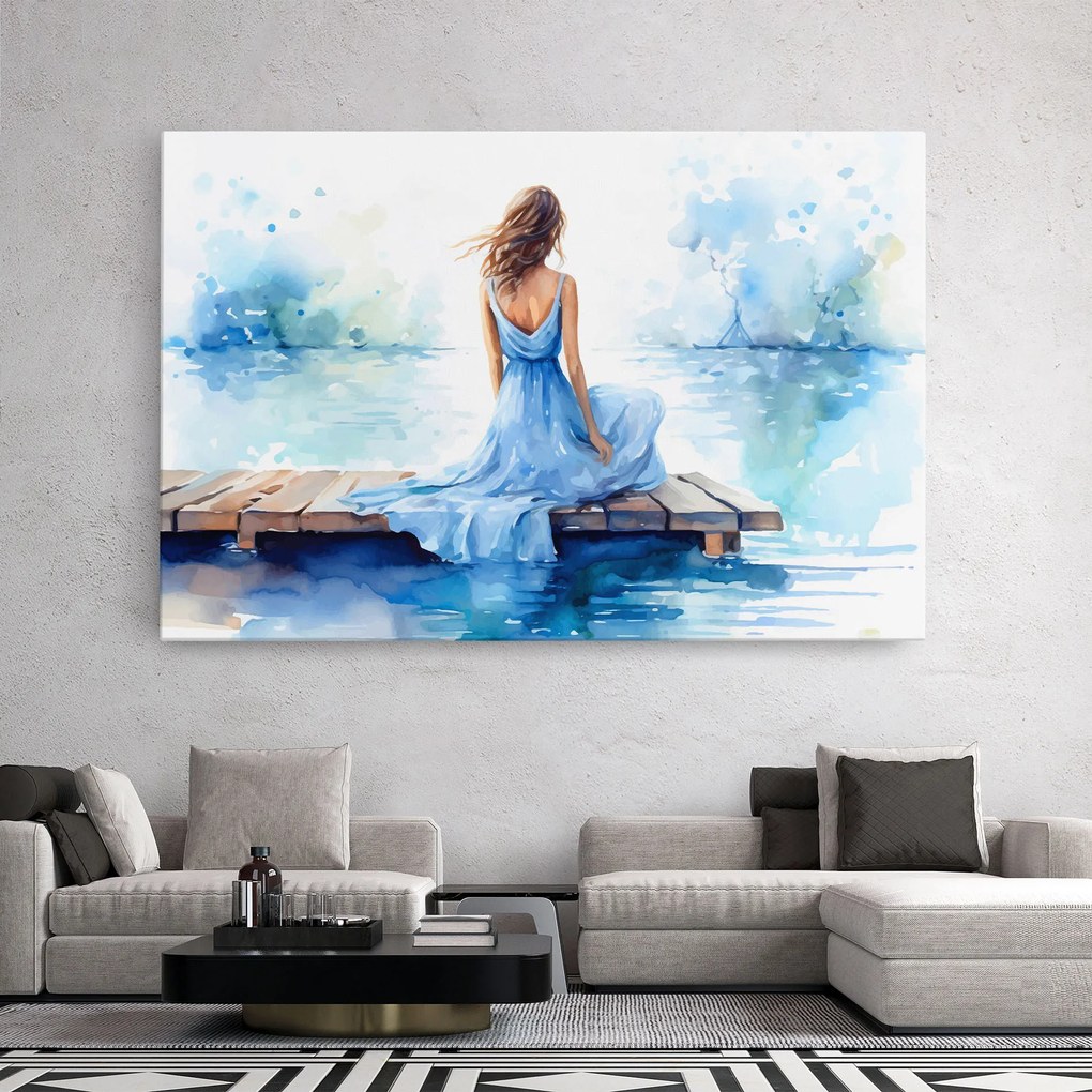 Tablou Canvas, 20x30cm, Dormitor si Living, Moderne, Textura de pictura, Lake Blue Woman