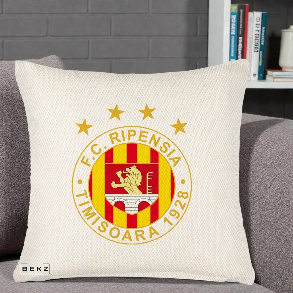 Perna Personalizata FC Ripensia Timisoara 1928, 40x40 cm, Crem Reliefat, Husa Detasabila, Perna Inclusa, BEKZ®