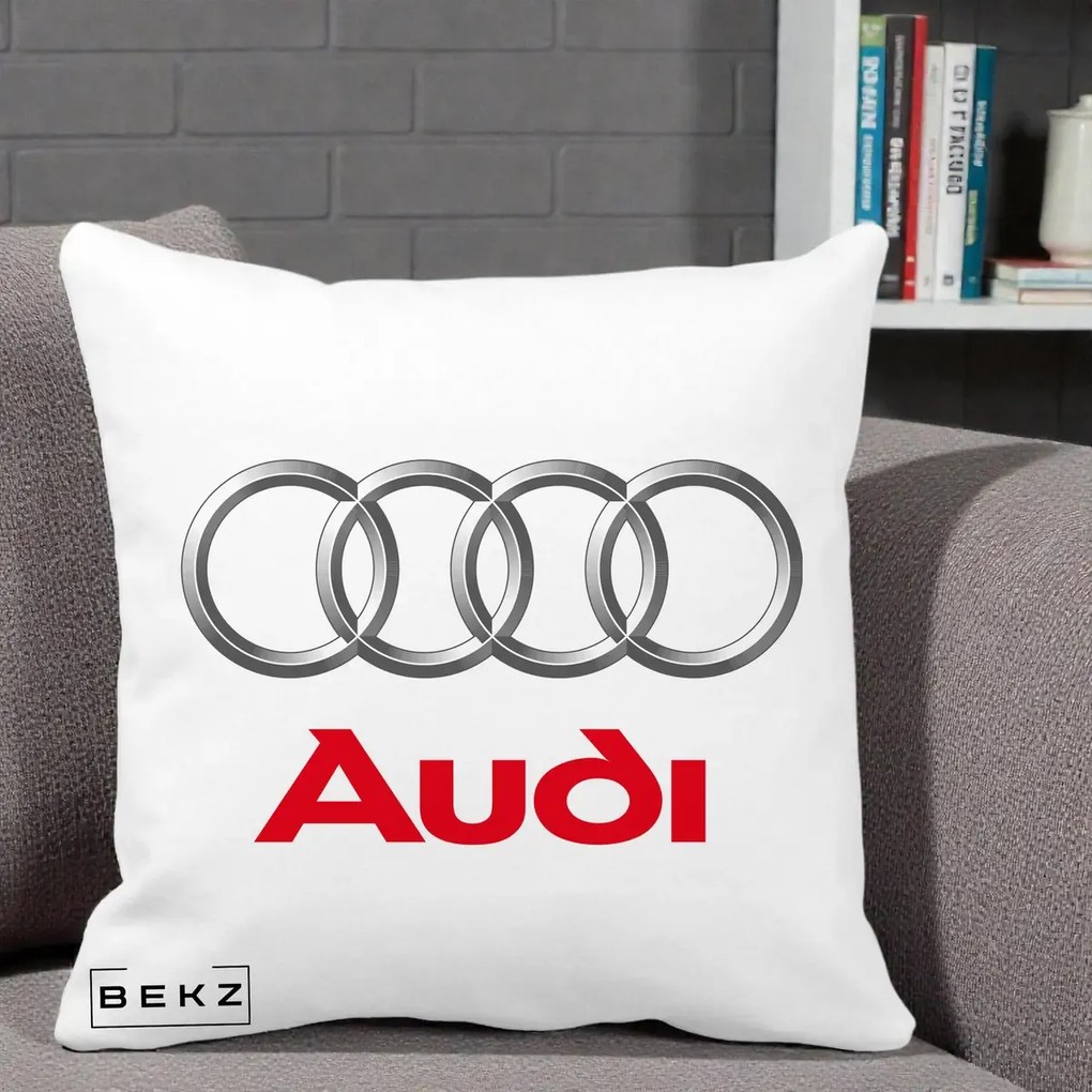 Perna Personalizata cu emblema Audi, 40x40 cm, Alba Mata, Husa Detasabila, Perna Inclusa, BEKZ®