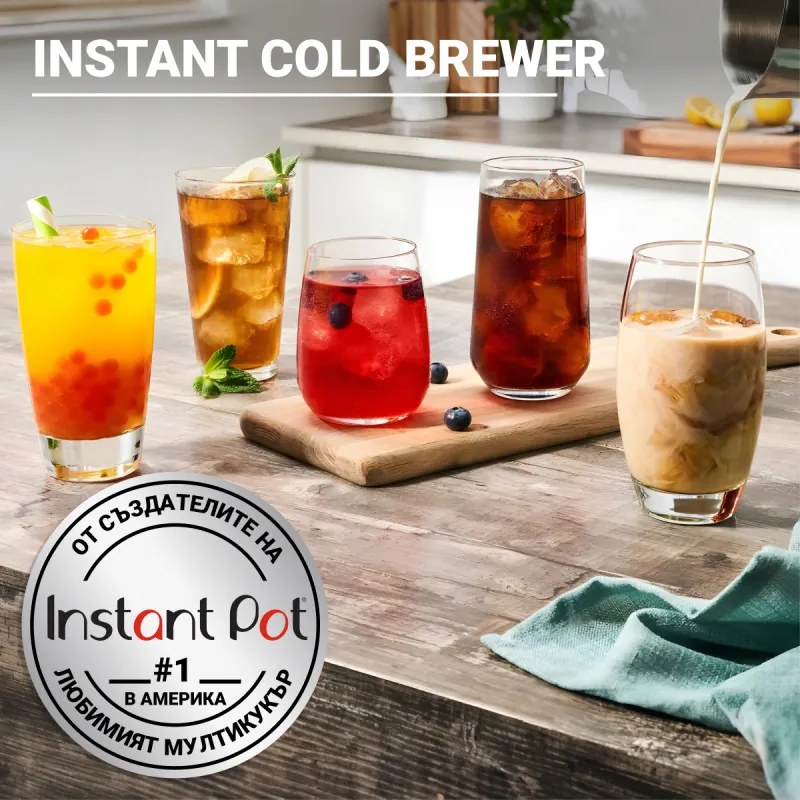 Extractor pentru prepararea rapidă a cafelei și ceaiului la rece Instant Pot Cold Brewer 140624501EU, 600 W, 950 ml, FlashExtract, timp de extracție între 5 și 30 de minute, ecran tactil, fără BPA/PFOA/PTFE, negru