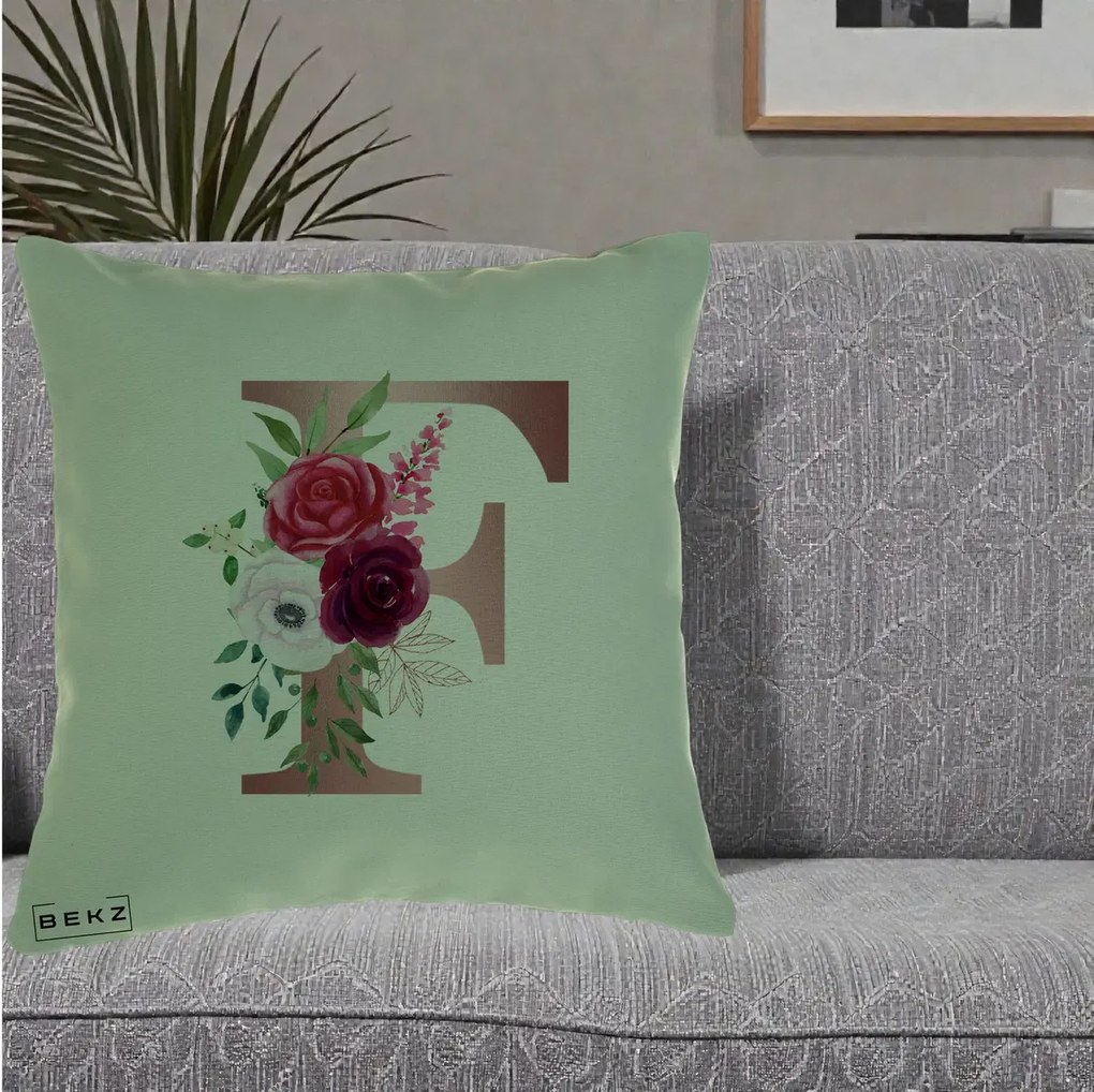 Cadou Personalizat - Perna Personalizata Monograma Rose Gold Litera F, 40x40 cm, Verde, Husa Detasabila, Perna Inclusa, BEKZ®