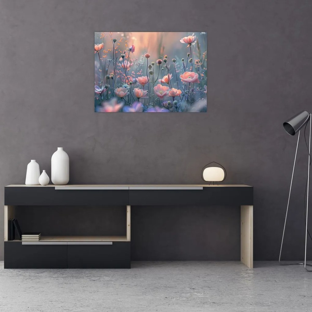 Tablou pe sticlă - Flori în culori pastelate (70x50 cm)