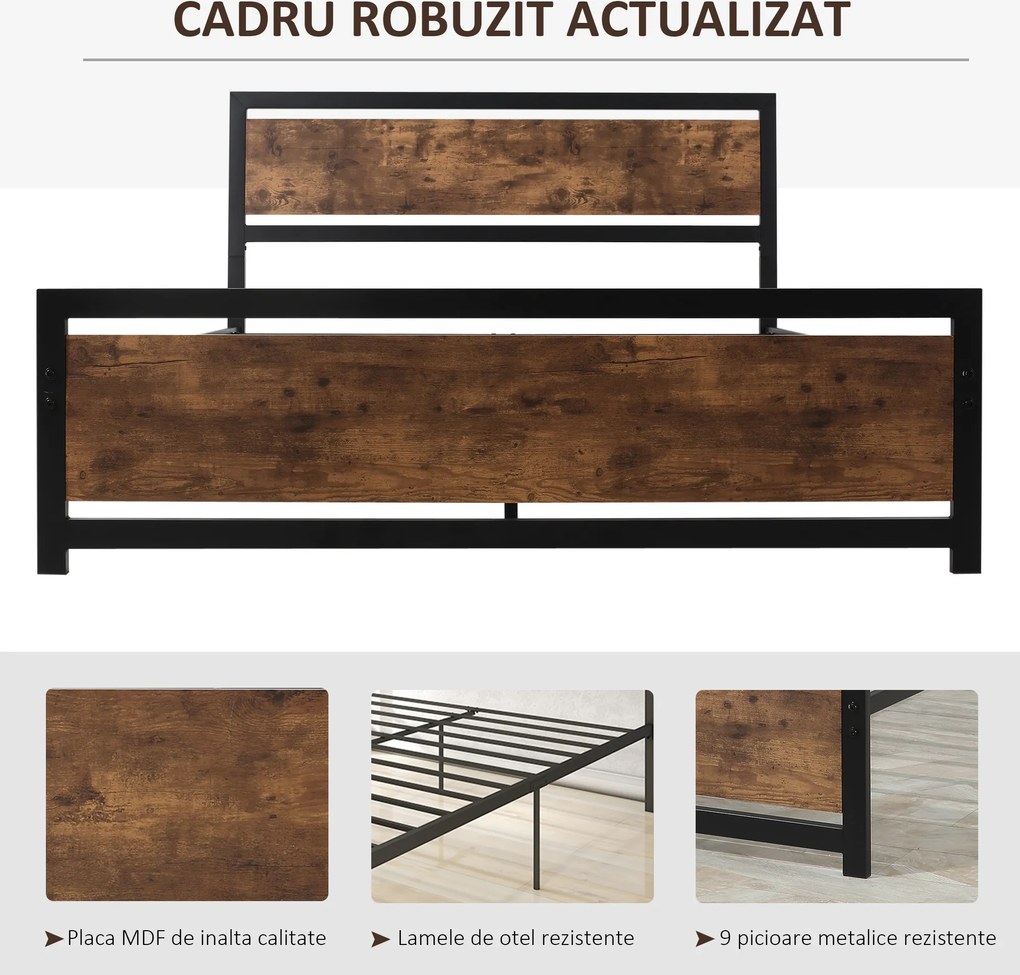 HOMCOM Cadru Pat Matrimonial din Lemn si Otel 160x200cm, Sipci Integrate si Tetiera in Stil Industrial, Negru Maro Rustic