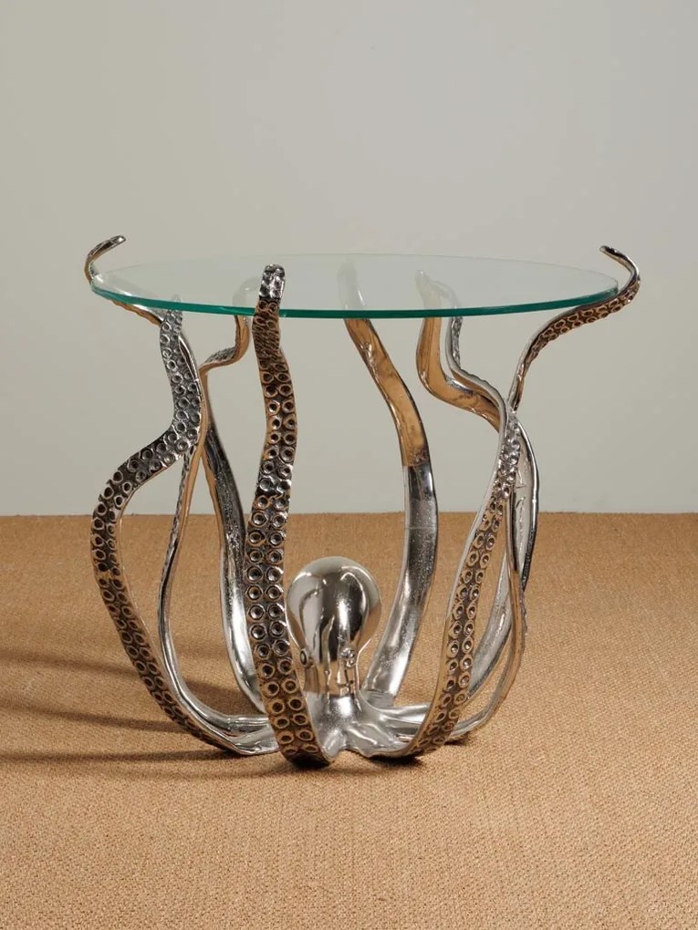 Măsuță laterală sculptată rotundă din aluminiu și sticlă, argintiu, cu bază în formă de caracatiță, 53 x 53 cm, „Octopus”