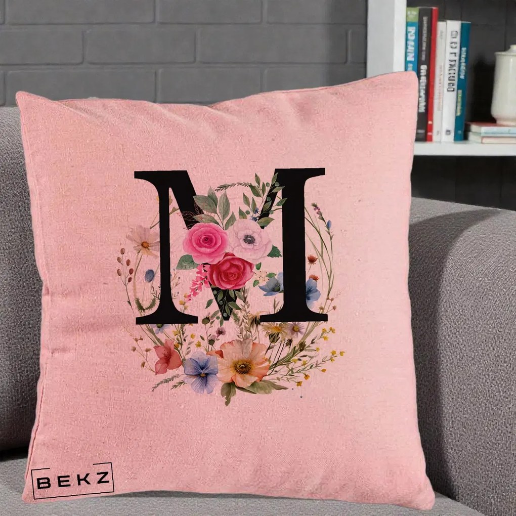 Cadou Personalizat - Perna Personalizata Monogram Litera M cu Flori Acuarela, 40x40 cm, Roz, Husa Detasabila, Perna Inclusa, BEKZ®