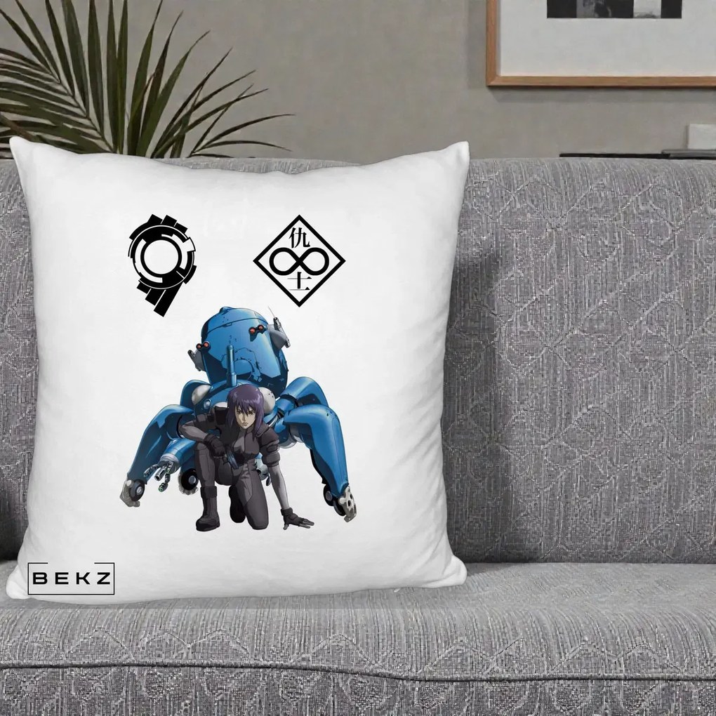 Perna Personalizata Ghost in the Shell Motoko si Tachikoma, 40x40 cm, Alb Pufos, Husa Detasabila, Perna Inclusa, BEKZ®