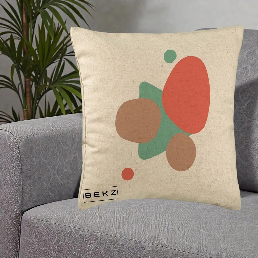Perna Decorativa Abstract Forme Coral Turcoaz, 40x40 cm, Bej, Husa Detasabila, Perna Inclusa, BEKZ®