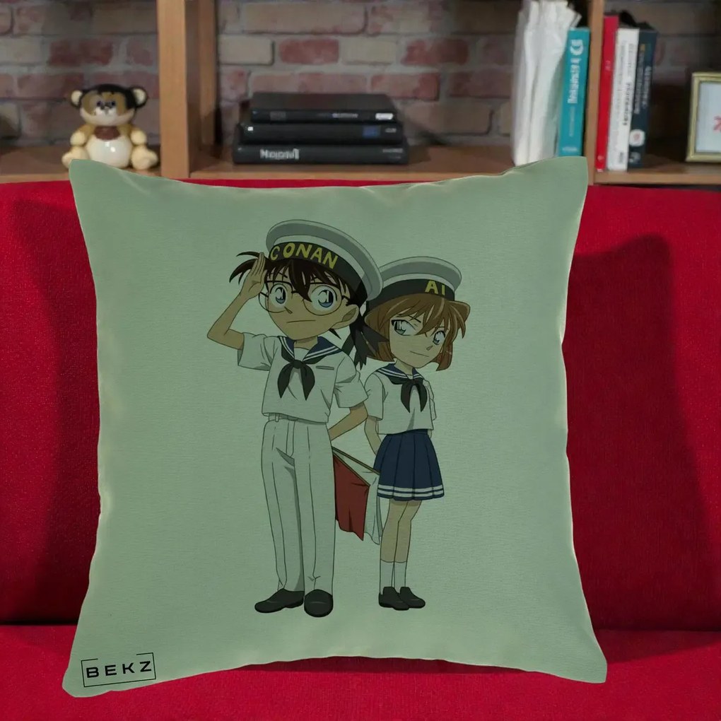 Perna Personalizata Detective Conan Conan si Ai Sailor, 40x40 cm, Verde, Husa Detasabila, Perna Inclusa, BEKZ®