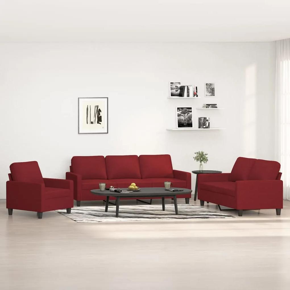 3153695 vidaXL Set canapea cu perne, 3 piese, roșu vin, material textil