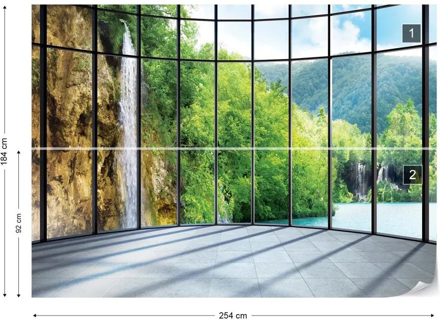 GLIX Fototapet - Waterfall Lake 3D Window View Vliesová tapeta  - 254x184 cm