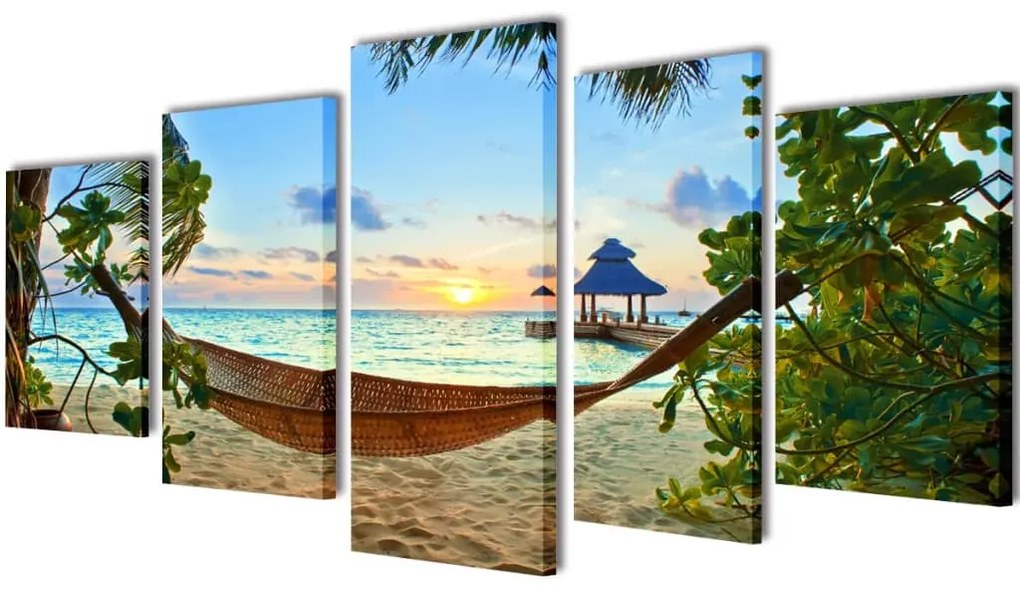 Set tablouri din pânză cu imprimeu plajă cu nisip și hamac, 200x100 cm