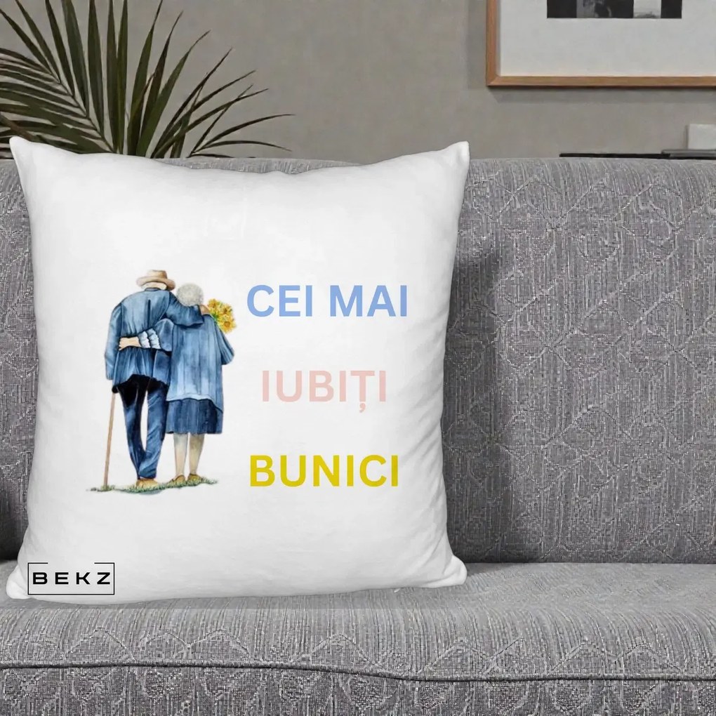 Cadou pentru Bunici - Perna Personalizata Cei Mai Iubiti Bunici Acuarela Spate, 40x40 cm, Alb Pufos, Husa Detasabila, Perna Inclusa, BEKZ®