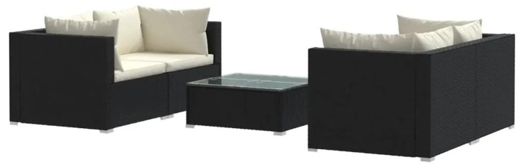 Set mobilier de gradina cu perne, 5 piese, negru, poliratan negru si crem, 4x colt + masa, 1