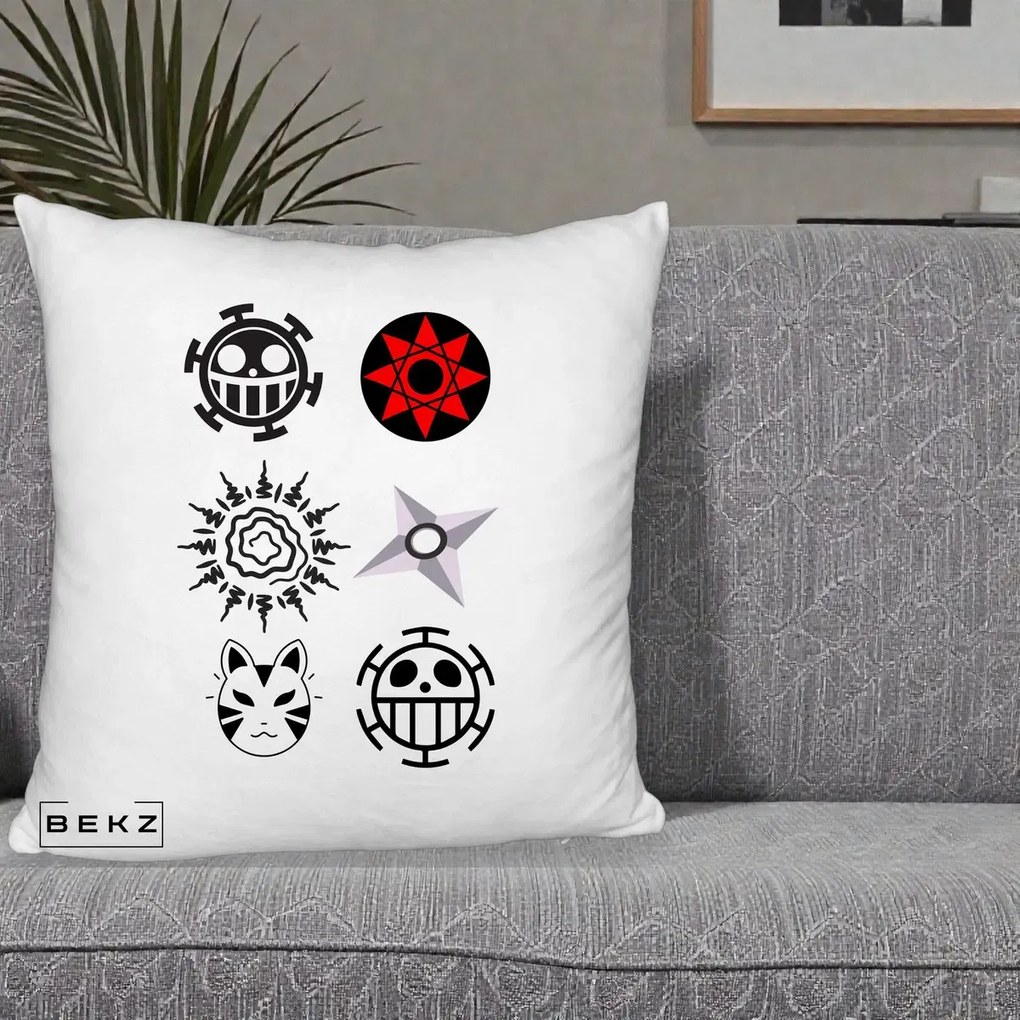 Perna Personalizata Simboluri Anime Mix - Naruto One Piece, 40x40 cm, Alb Pufos, Husa Detasabila, Perna Inclusa, BEKZ®