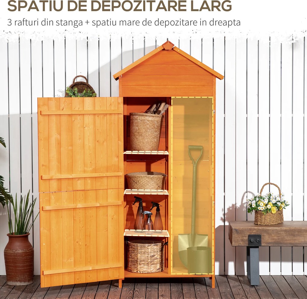 Outsunny Sopron de Gradina din Lemn cu 2 Usi, Dulap de Exterior Depozitare Unelte cu 3 Rafturi, 84x52x188cm