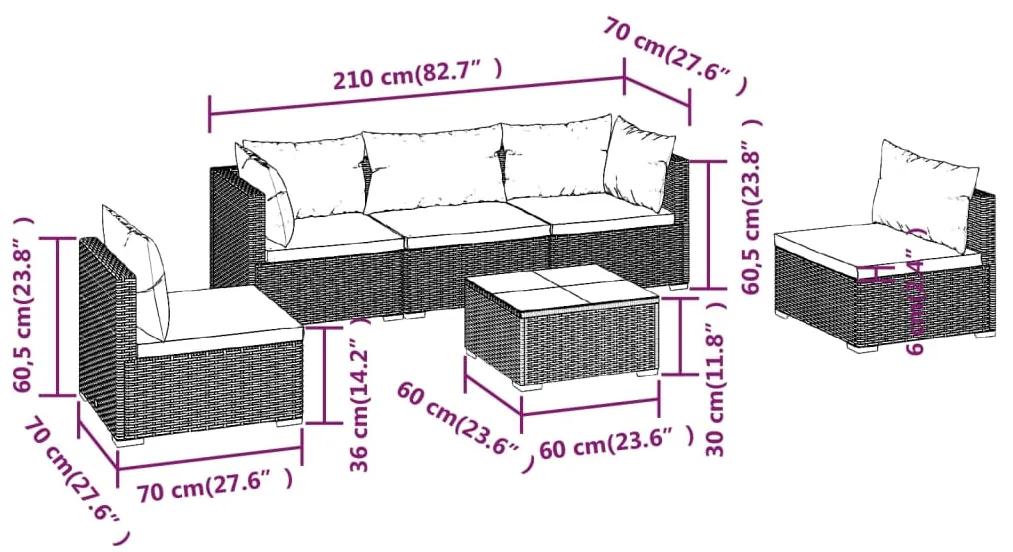 Set mobilier de gradina cu perne, 6 piese, gri, poliratan gri si bleumarin, 2x colt + 3x mijloc + masa, 1