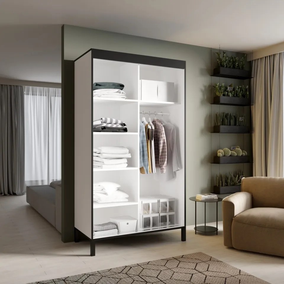 Dulap cu usi glisante si oglinda 120x221 cm, Bell-M, ADRK Furniture (Culoare: Alb)