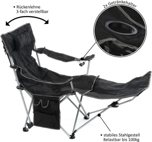 Scaun de camping, suport pentru picioare detașabil, negru