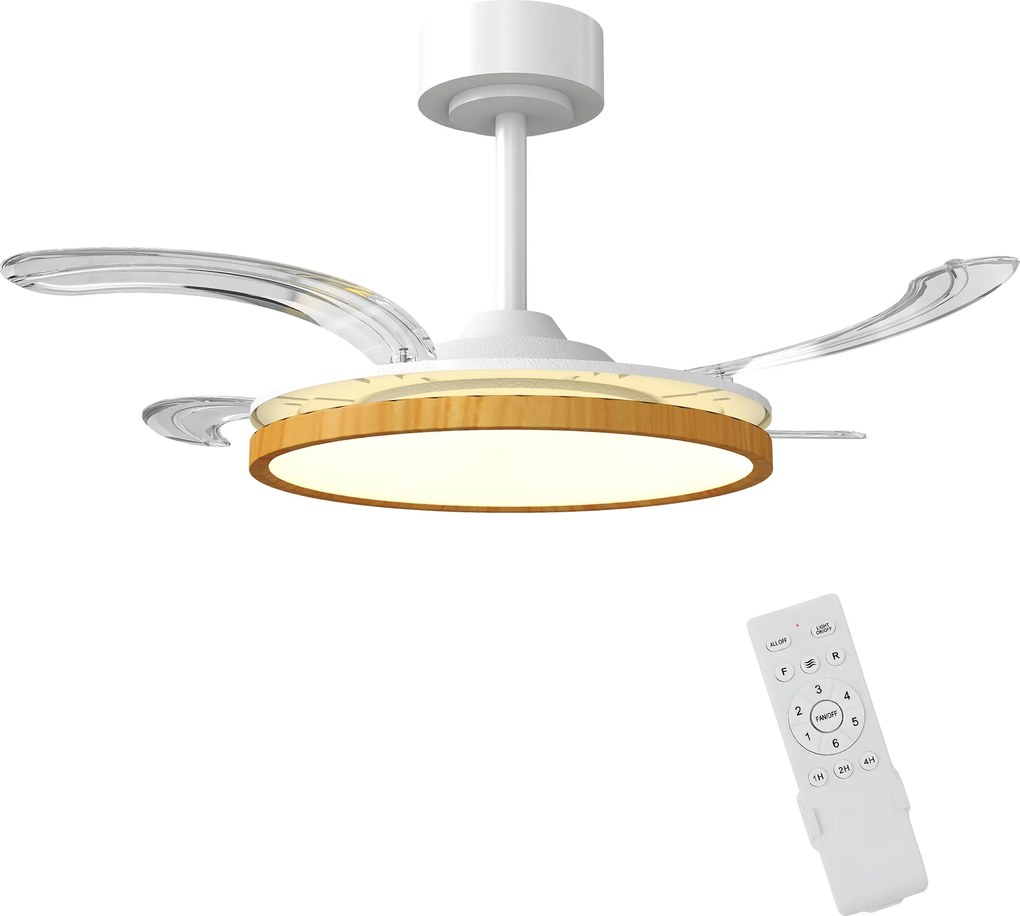 HOMCOM Ventilator de tavan cu lumină LED 80 W motor DC reversibil telecomandă 6 viteze temporizator Ø95 cm lemn natural | Aosom Romania