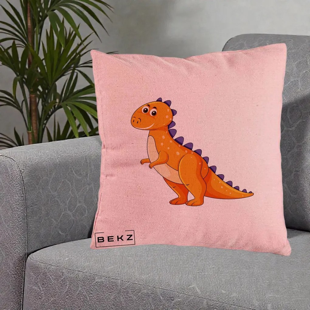 Perna Decorativa T-Rex Portocaliu, 40x40 cm, Roz, Husa Detasabila, Perna Inclusa, BEKZ®