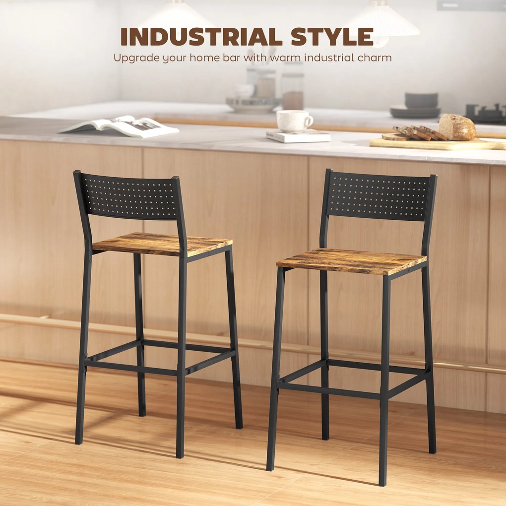 HOMCOM Set 2 Scaune Bar Stil Industrial cu Spătar și Suport pentru Picioare Maro | Aosom Romania