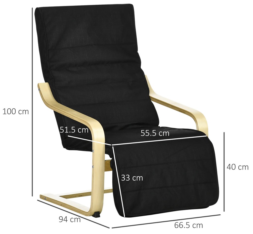 HOMCOM Fotoliu Relaxant Confort si Relaxare cu Cotier reglabil detasabil 94 x 66,5 x 100 cm Lemn Masiv Negru | Aosom Romania
