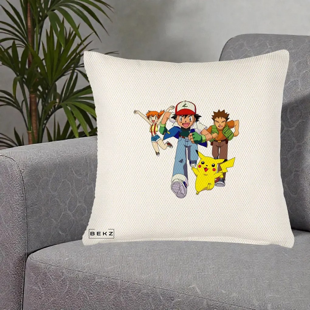 Perna Personalizata Pokemon Ash Misty Brock si Pikachu, 40x40 cm, Crem Reliefat, Husa Detasabila, Perna Inclusa, BEKZ®