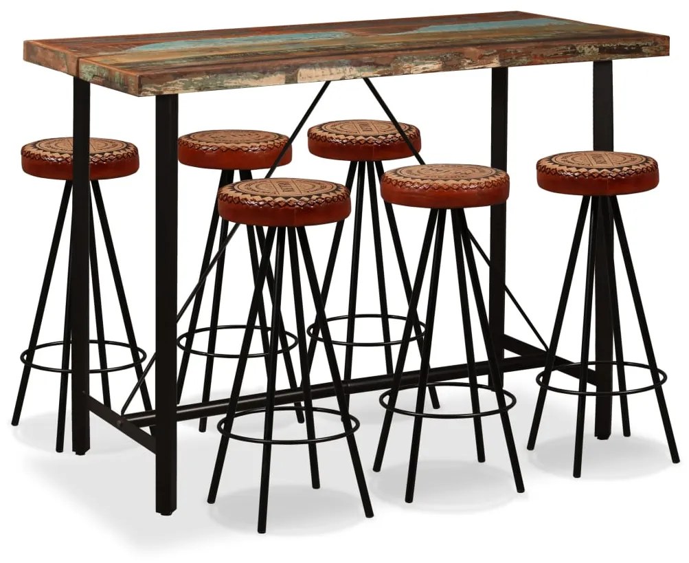 275147 vidaXL Set bar, 7 piese, lemn masiv reciclat, piele naturală și pânză