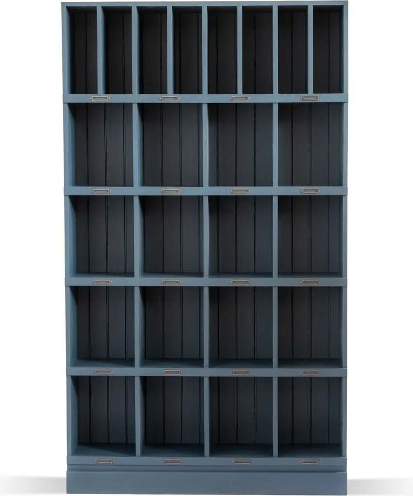 Bibliotecă living albastră și gri din lemn de pin, cu 5 rafturi și 24 de compartimente, 209 x 120 x 33 cm, „Poste”