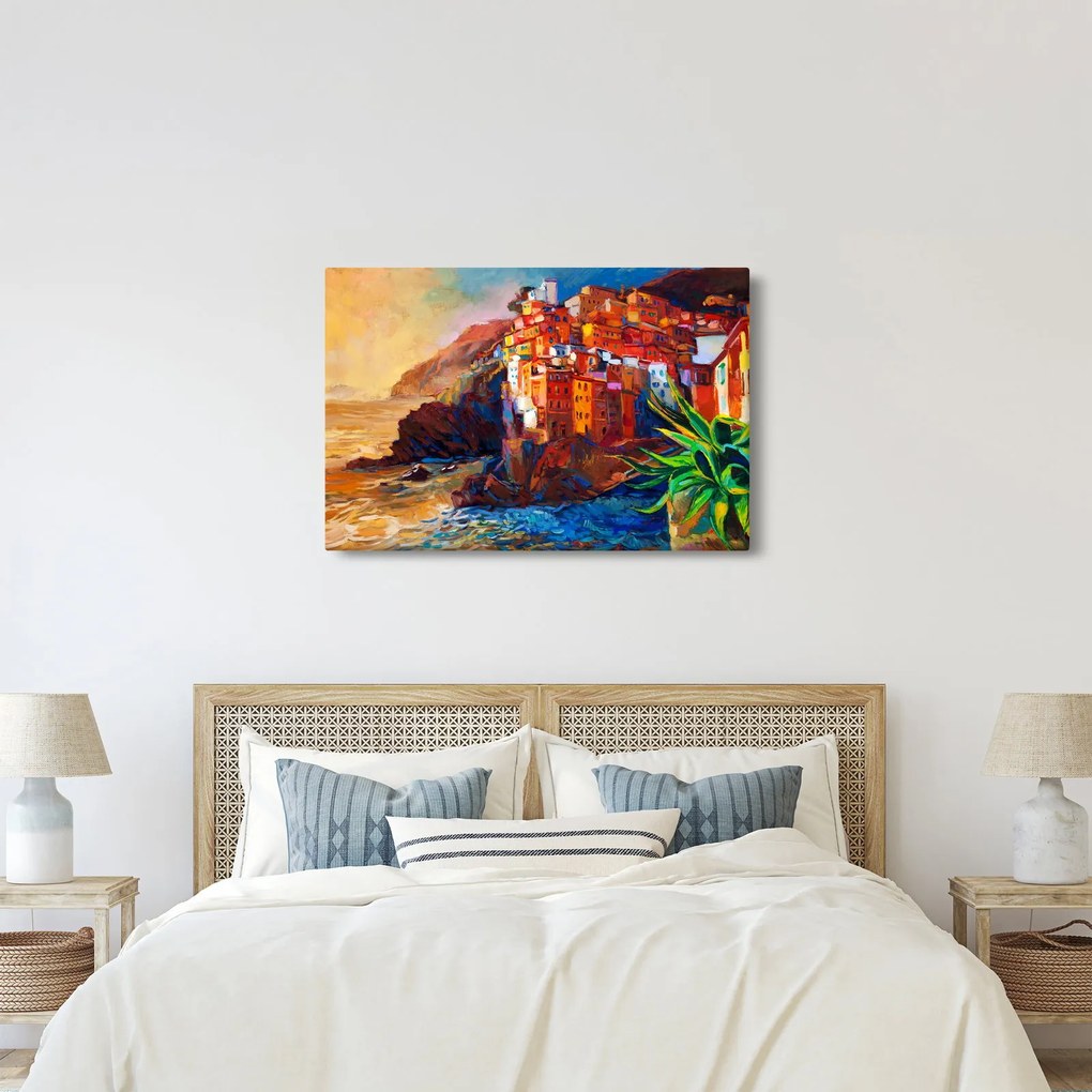 Tablou - Satul de coastă Cinque Terre, Riviera italiană, impresionismul modern (90x60 cm)