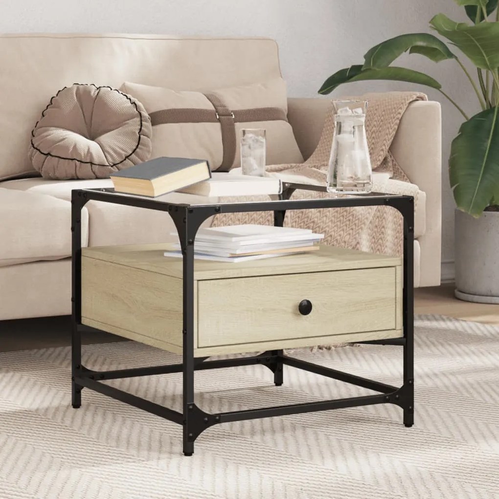 Masuta cafea cu blat din sticla stejar sonoma 50x50x45 cm otel