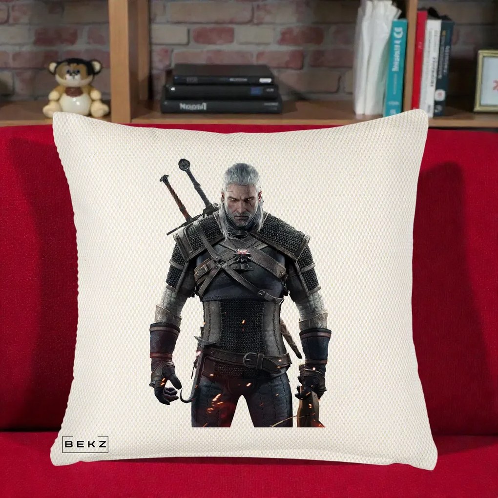 Perna Personalizata The Witcher Geralt of Rivia Portret, 40x40 cm, Crem Reliefat, Husa Detasabila, Perna Inclusa, BEKZ®