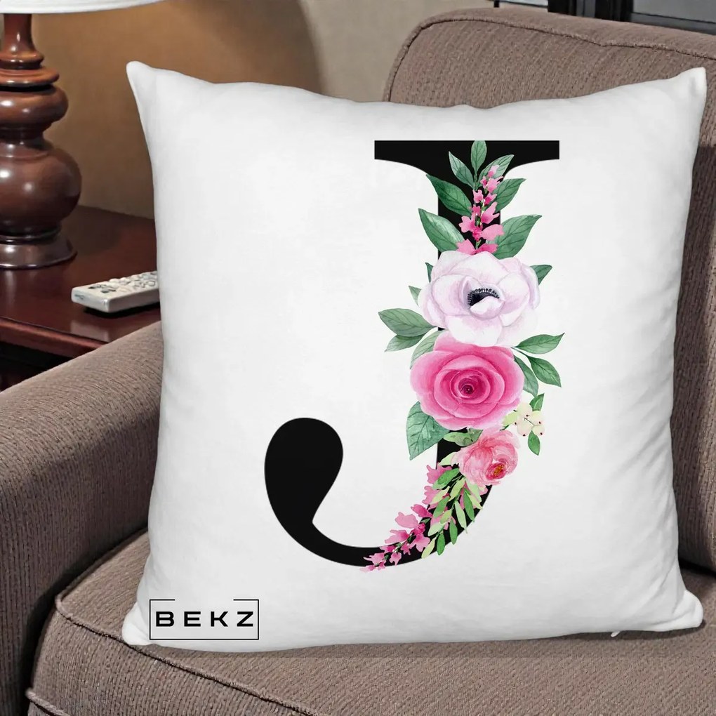 Cadou Personalizat - Perna Personalizata Monograma Florala Litera J, 40x40 cm, Alb Pufos, Husa Detasabila, Perna Inclusa, BEKZ®