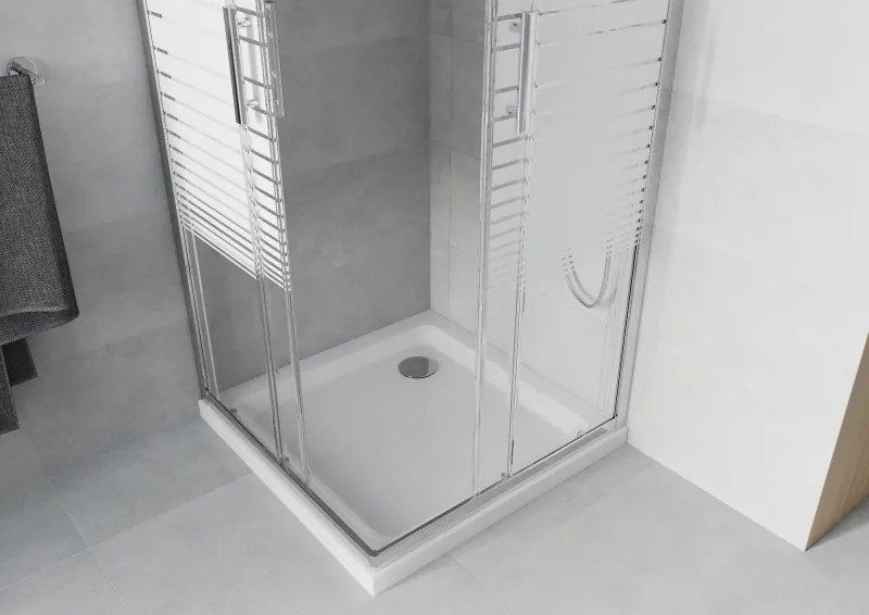 Mexen Rio cabina de duș pătrată 90 x 90 cm, dungi albe, crom + cadă de duș Flat, alb - 860-090-090-01-20-4010