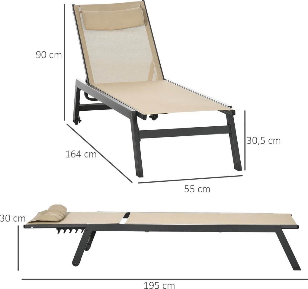 Outsunny Șezlong de soare din aluminiu și textilene cu roți și suport pentru cap, spătar reglabil, kaki | Aosom Romania