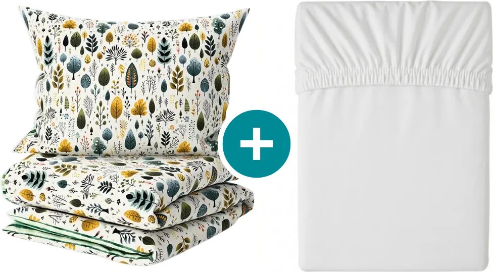 Set Lenjerie de pat din crepon TREEVELLA POLY verde + Cearsaf Jersey 180 x 200 cm alb, pat dublu