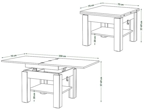 Masă extensibilă CALEB, de cafea și dining, cu blat rabatabil, stejar craft/negru